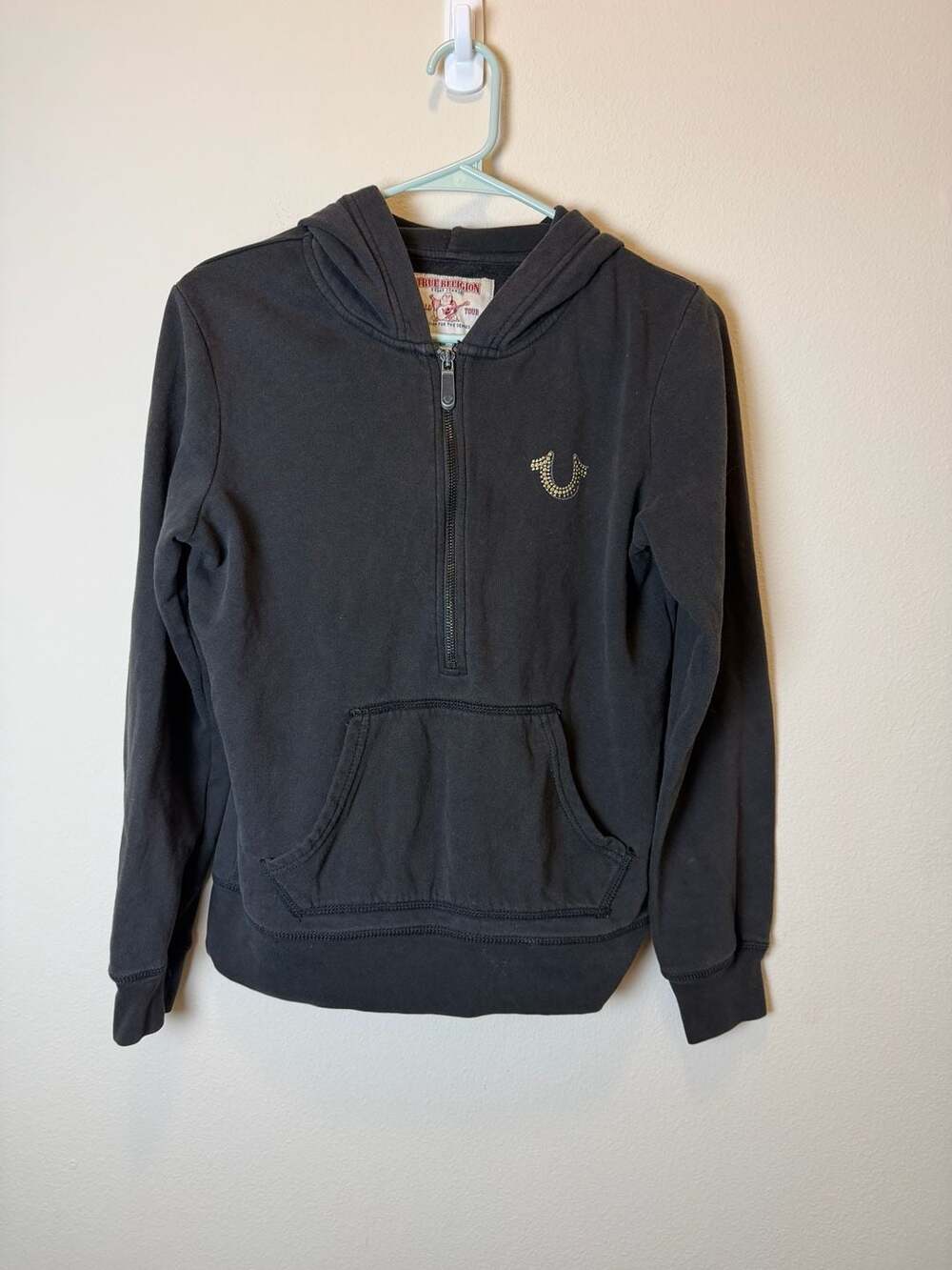 True Religion World Tour Quarter-Zip Hoodie Black Rhinestone Buddha